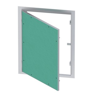Wiltec Revisionsklappe 40x60cm für Trockenbau, Alu-Rahmen, grüne Gipskartoneinlage, leicht geöffnet.