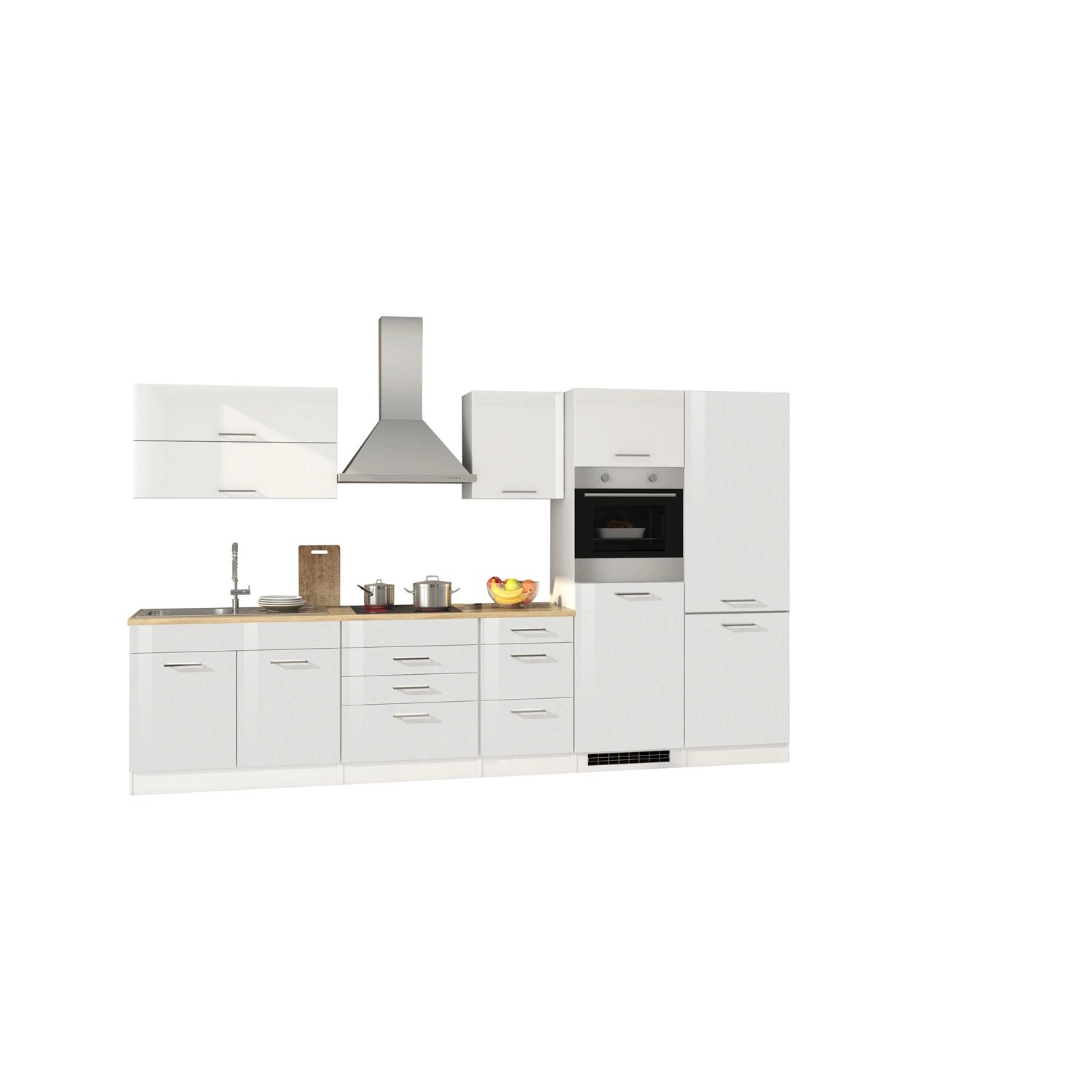 Moderne, weiße Hochglanz Küchenzeile Mailand 350 cm mit E-Geräten und Arbeitsplatte in Eiche Dekor.