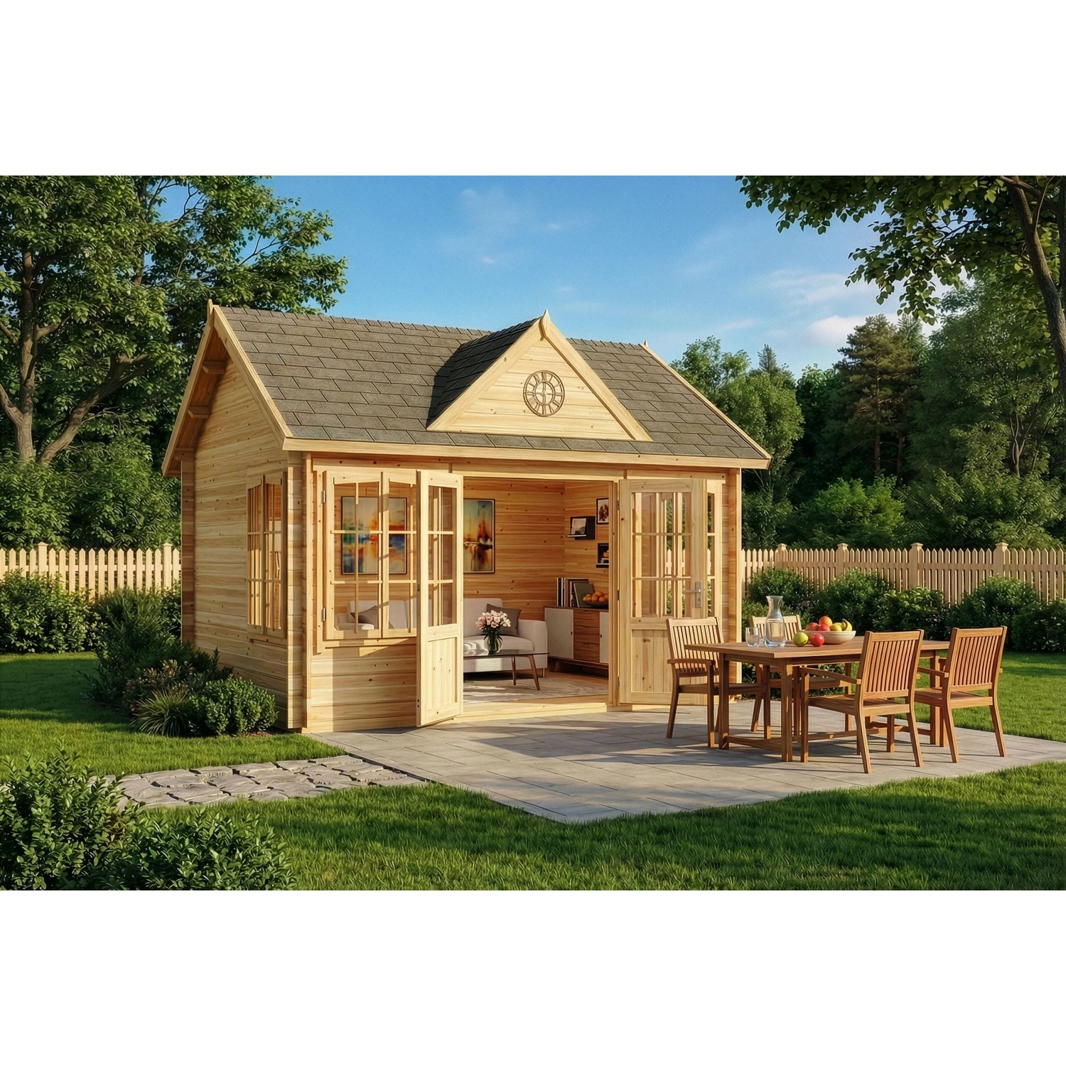 Unbehandeltes Alpholz Gartenhaus CLOCKHOUSE-28 mit Satteldach, 400x296 cm, mit geöffneten Türen und Gartenmöbeln.