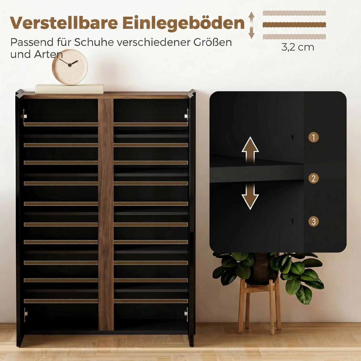 HOMCOM Schuhkommode in Schwarz Hochglanz mit Holz-Akzent, verstellbare Einlegeböden für flexible Schuhaufbewahrung.
