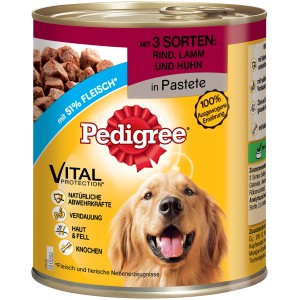 Pedigree Adult Nassfutter mit Rind, Lamm und Huhn, 800g Dose für Hunde.