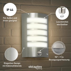 Oktaplex Alto Außenlampe mit Bewegungsmelder Edelstahl E27 Leuchtmittel Wandleuchte IP44 230V