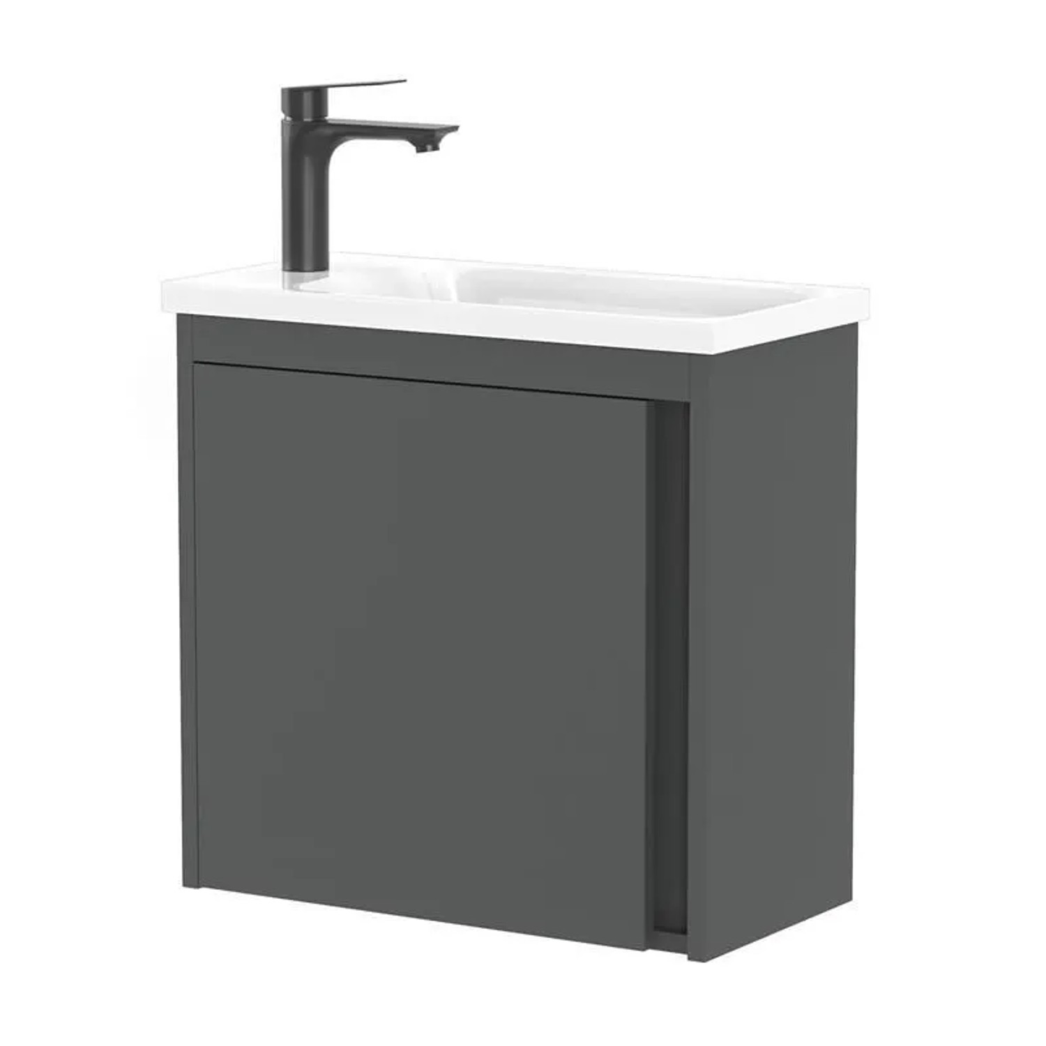 Planetmöbel Waschbeckenunterschrank 50 cm Grau Matt mit Waschbecken Armatur Schwarz Soft Close