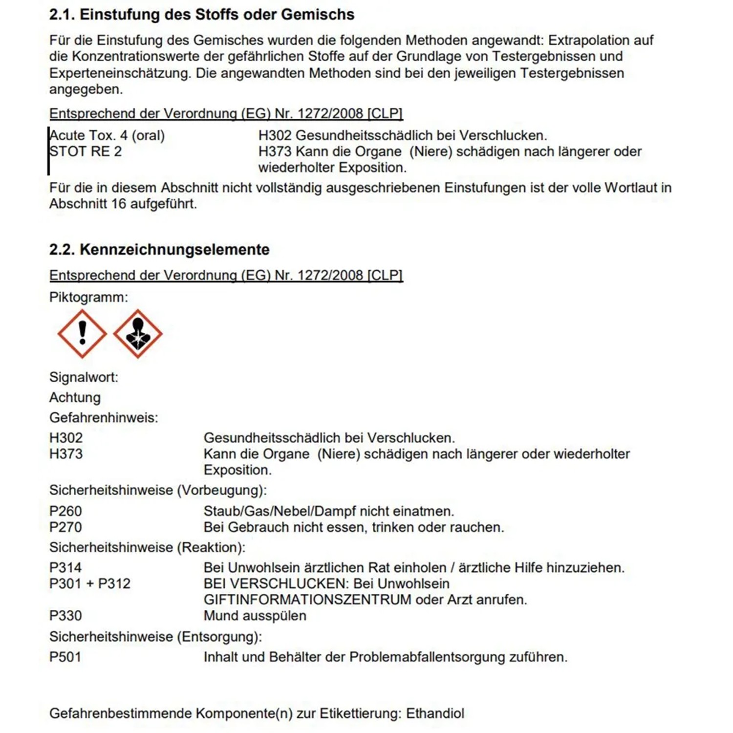 Sicherheitsdatenblatt: Gefahrenhinweise und Sicherheitshinweise für Ethandiol.