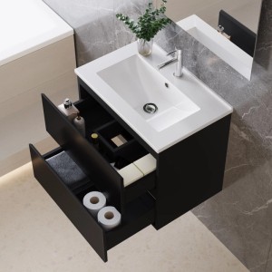 AICA Badmöbel Set: Waschbecken mit Unterschrank, 60 cm, Schwarz Hochglanz, Softclose, 2-teilig.