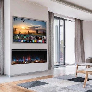 Schwarzer BALDERIA Elektrokamin AH-52 mit 3D-Flammeneffekt in modernem Wohnzimmer.
