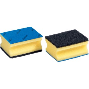 Vileda Glitzi Plus Topfreiniger 18er-Pack: Schwämme mit blauer Tuchseite und schwarzer Scheuerseite.