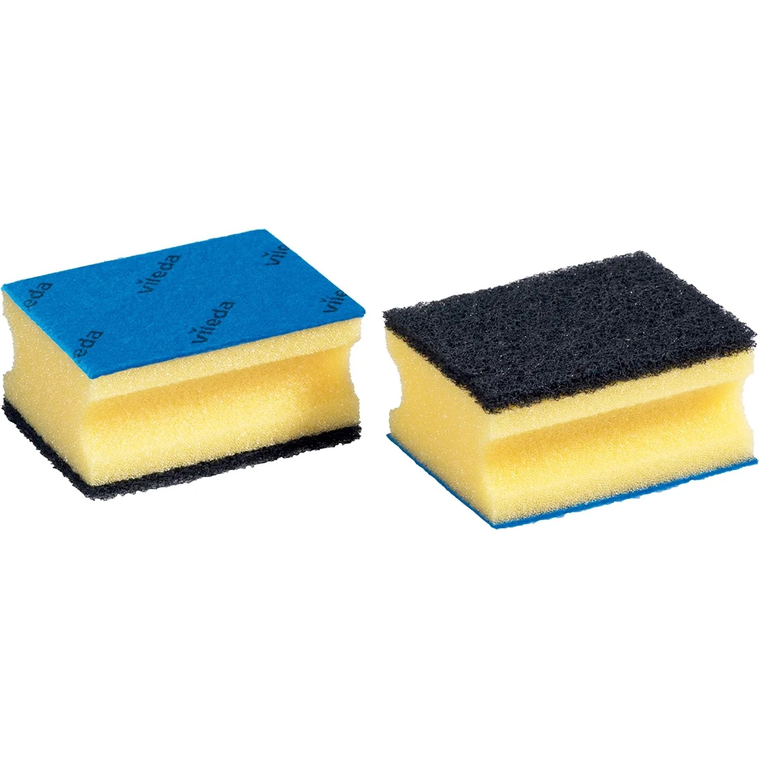 Vileda Glitzi Plus Topfreiniger 18er-Pack: Schwämme mit blauer Tuchseite und schwarzer Scheuerseite.