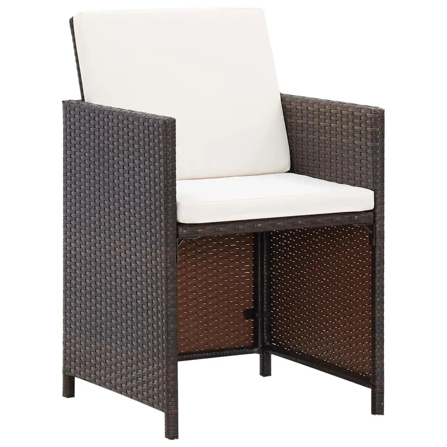 Brauner Rattan Gartenstuhl mit cremefarbenen Auflagen, Teil der vidaXL 13-tlg Essgruppe.