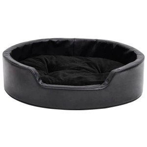 Schwarzes Hundebett (69x59x19 cm) aus Plüsch und Kunstleder.
