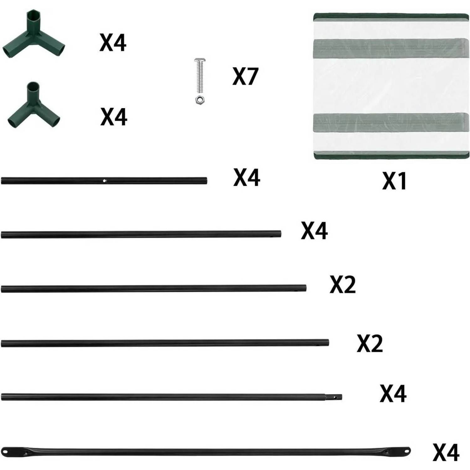 Bestandteile des WOLTU Foliengewächshauses: PVC-Plane, Stahlrohre, Verbinder und Schrauben.