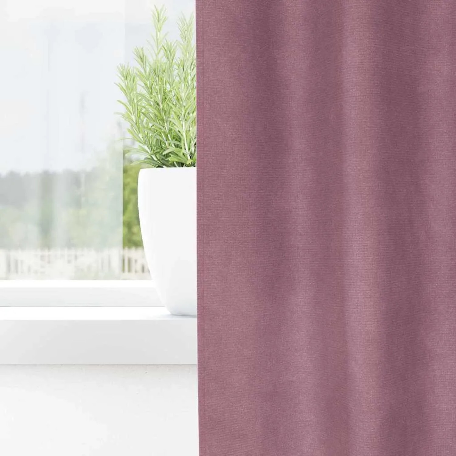 Dunkelrosa Samt Verdunkelungsvorhang mit Tabtop-Aufhängung, vor einem Fenster mit Pflanze. Stilvoller Fenstervorhang.