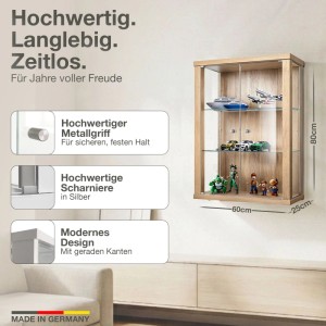 Hängevitrine Buche mit Glasböden, 80x60x25 cm, zur Wandmontage. Ideal für Sammlerstücke.