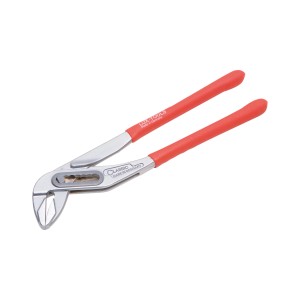 LUX Armaturenzange 240 mm mit glatten Backen und roten Griffen.