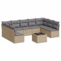 Beige 10-tlg. vidaXL Garten-Sofagarnitur aus Poly Rattan mit hellgrauen Kissen und Tisch.