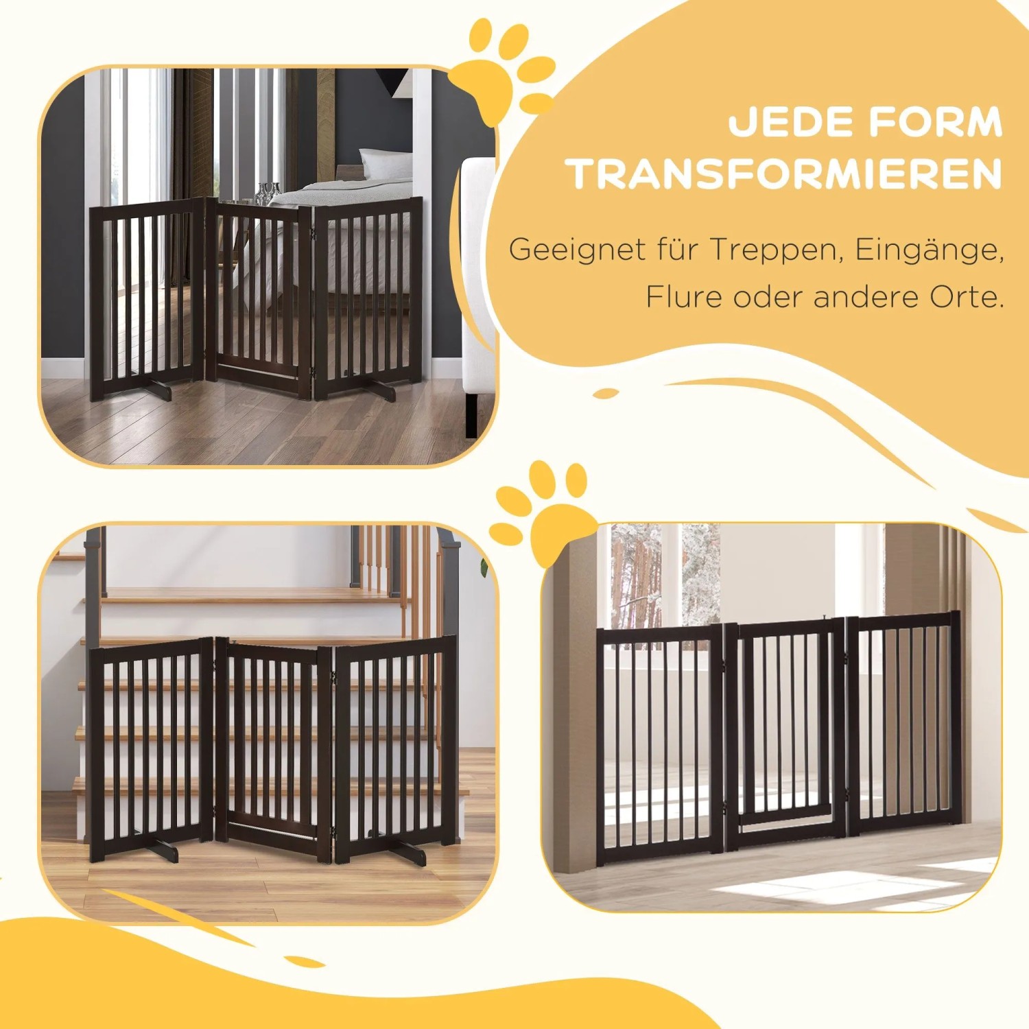 Dunkelbraunes, klappbares PawHut Absperrgitter aus MDF mit 3 Paneelen und Tür, verstellbar für Treppen, Eingänge, Flure.