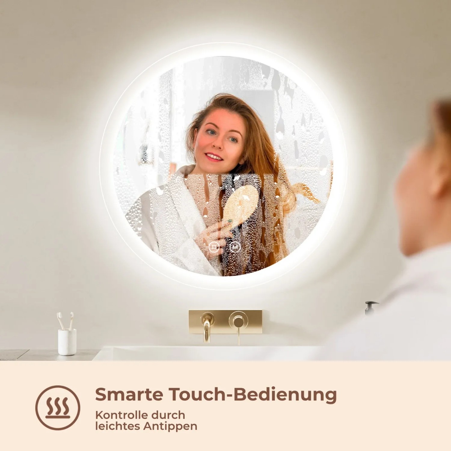 Runder Emke Badspiegel (60cm) mit LED-Beleuchtung und Touch-Schalter im Badezimmer.