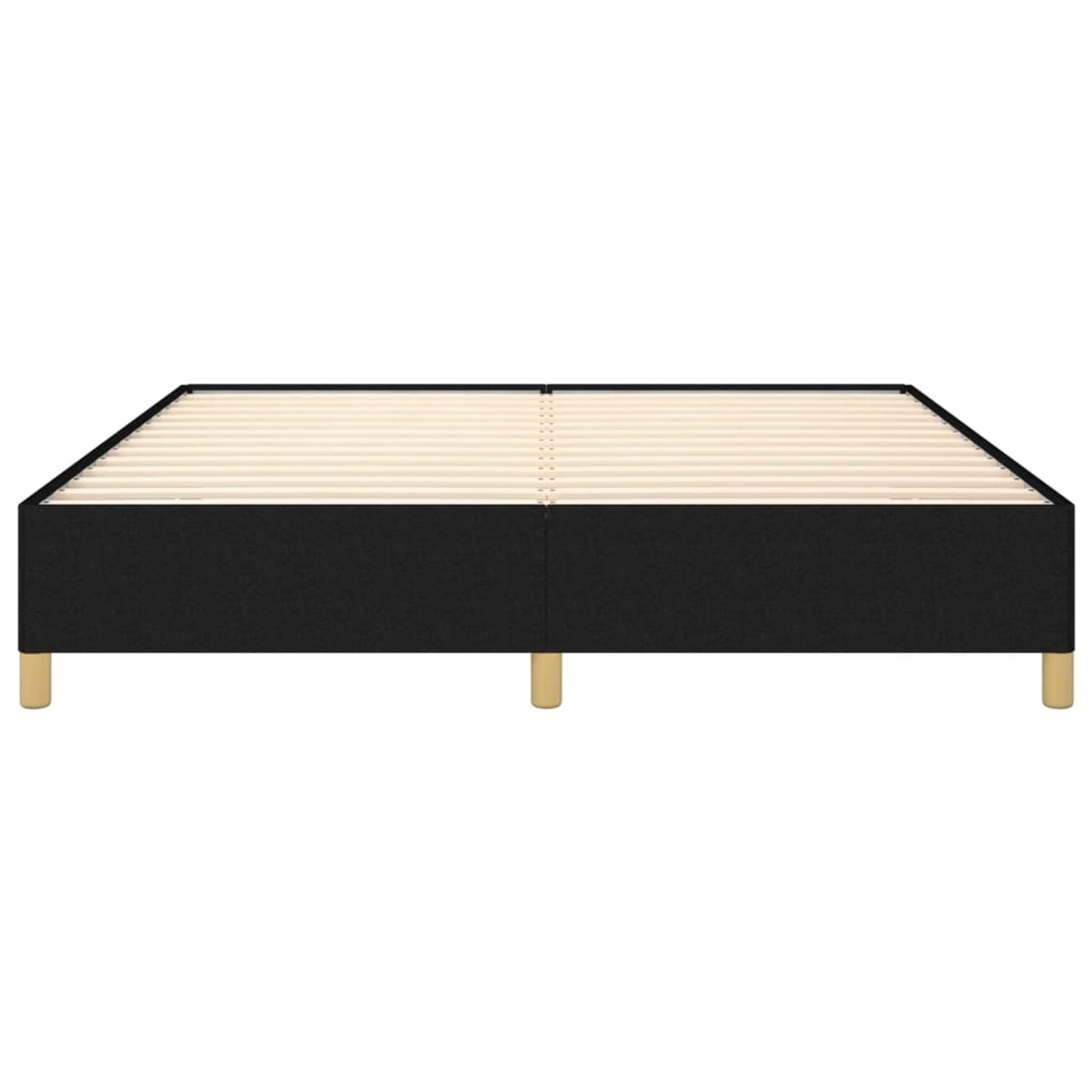 Schwarzes vidaXL Bettgestell (160x200 cm) aus Stoff mit Holzlattenrost und Füßen.