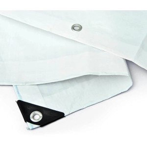 Detailaufnahme der weißen Noor Bauzaunplane Profi mit Ösen und verstärktem Rand.