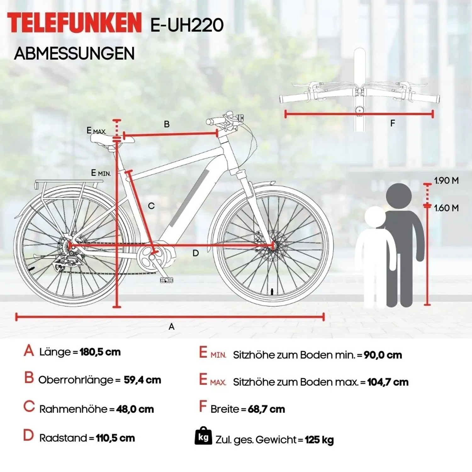 Abmessungen Telefunken UH220 Urban E-Bike: Länge 180cm, Rahmenhöhe 48cm, Radstand 110cm, Gewicht 125kg.