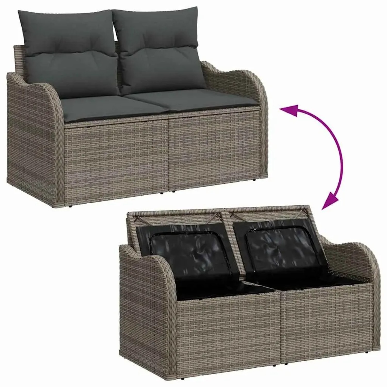Graues 4-tlg. vidaXL Garten-Sofa-Set aus Polyrattan mit Kissen und Stauraum.