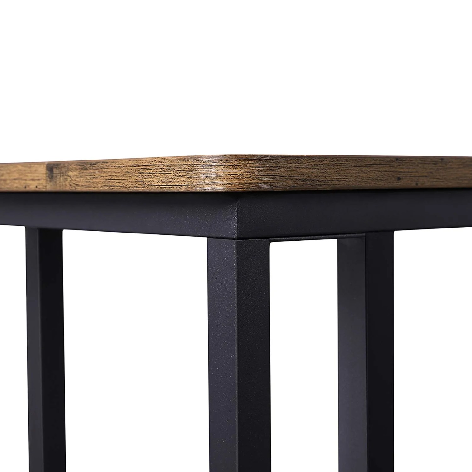 Detailansicht: Vasagle Serviertisch mit Rollen, braune Tischplatte, schwarzes Stahlgestell.