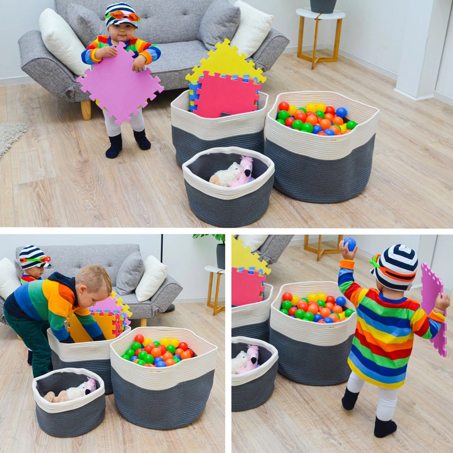 DuneDesign XXL Aufbewahrungskörbe aus Baumwolle, grau und weiß, verschiedene Größen.