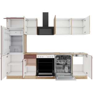 Küchenzeile Livorno290/Bari407, 270 cm, Wildeiche/Rostrot, mit E-Geräten wie Herd, Spüle, Kühlschrank und Geschirrspüler.