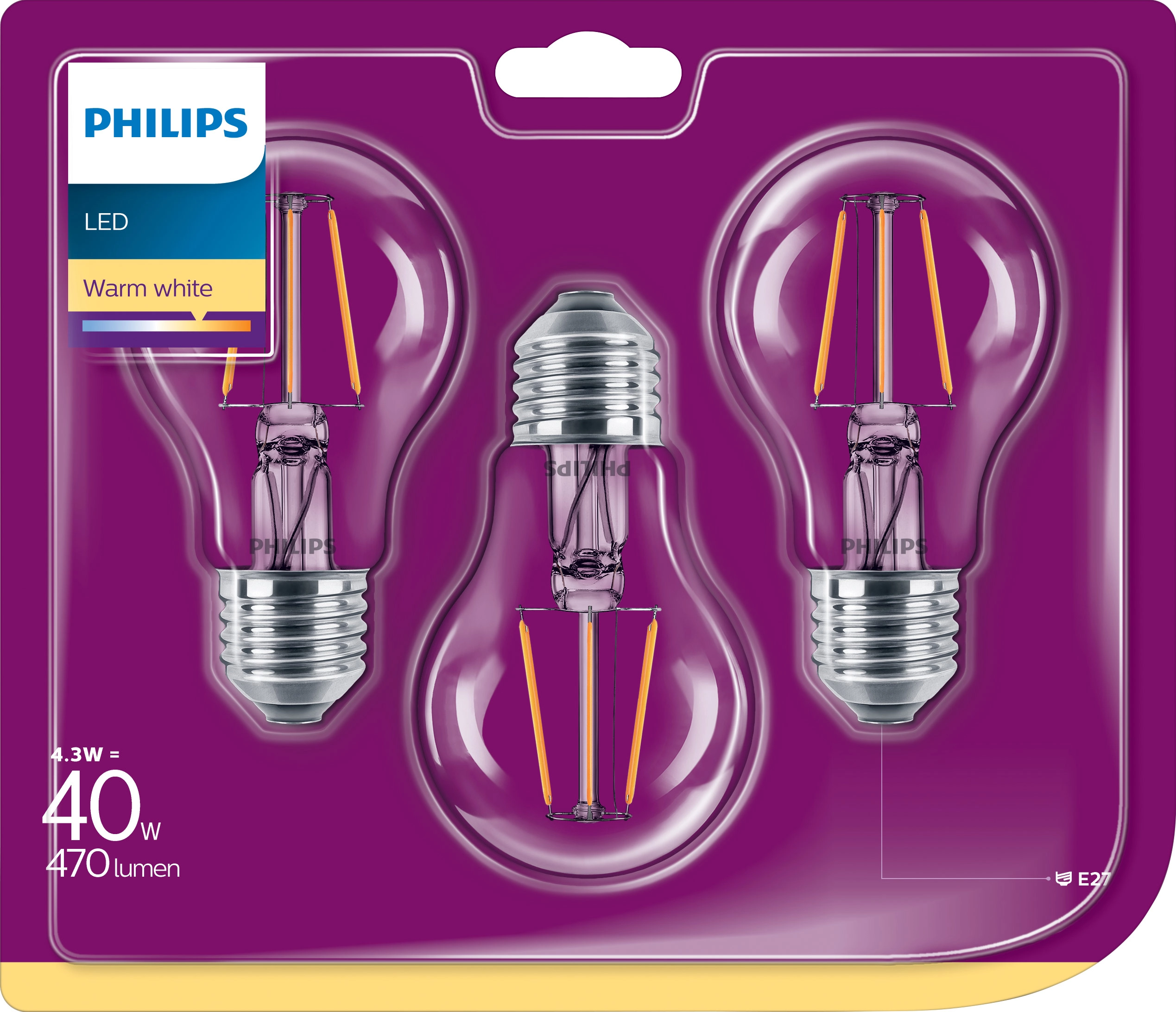 Philips LED-Lampe Glühlampenform A++ Warmweiß OBI bei 4,3 3er-Pack (470 EEK: kaufen E27/ lm) W