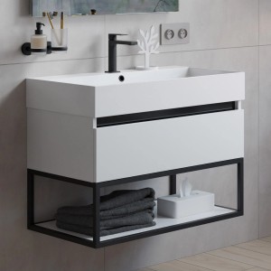 pianura Waschtisch Giulia, weiß matt, 80 cm, mit Unterschrank und schwarzer Griffleiste.