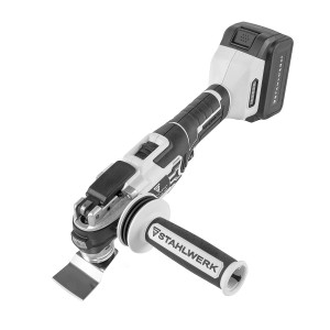 STAHLWERK Akku-Multifunktionswerkzeug mit Zubehör und Zusatzgriff. Deltaschleifer für Säge-, Trenn- und Schleifarbeiten.