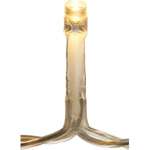 Detailaufnahme: Warmweiße LED am transparenten Kabel des Schneeflocken-Lichtervorhangs.