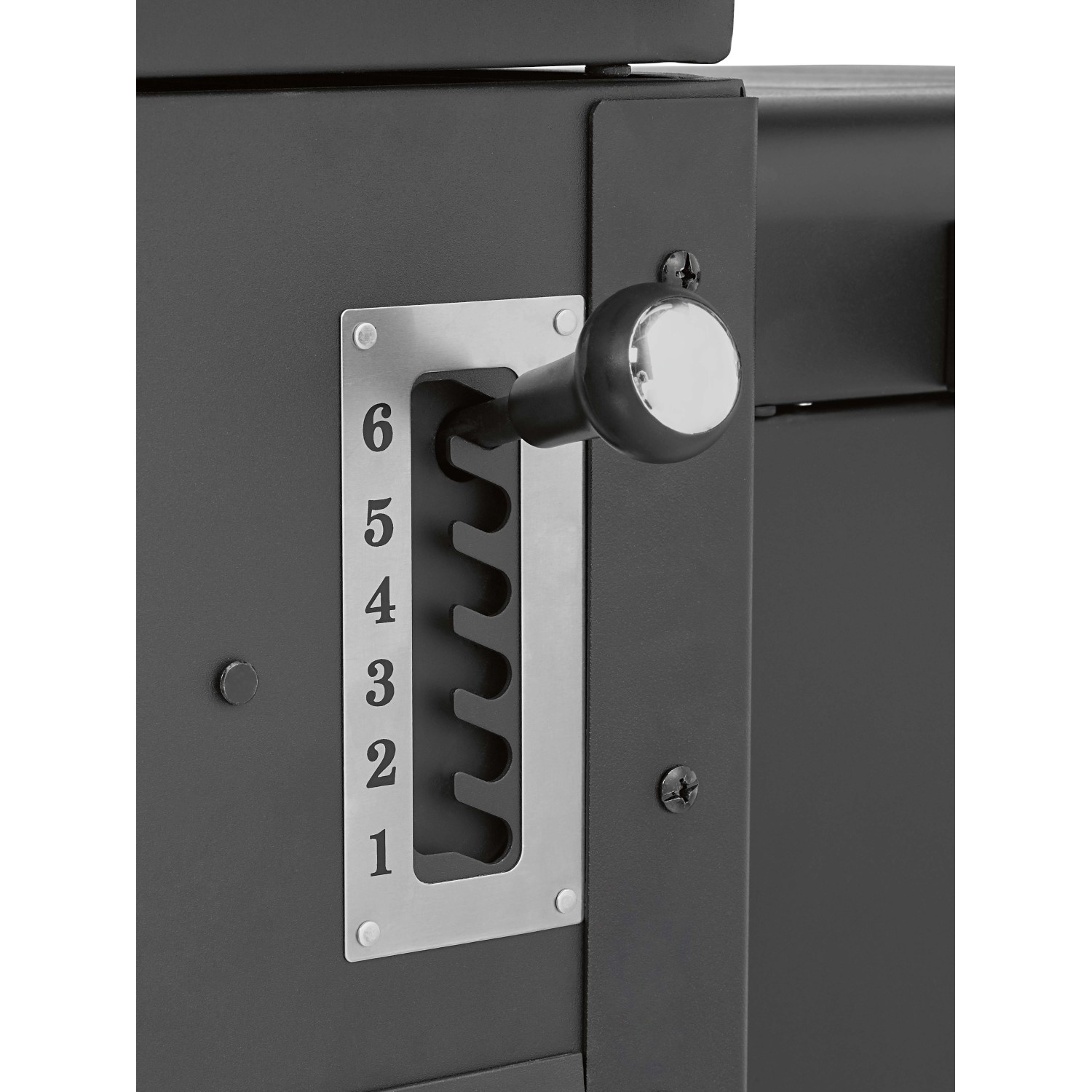 Detailaufnahme: Höhenverstellung der Kohleebene am Jamestown Kombigrill Drake.