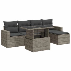 Graue 6-tlg. vidaXL Garten-Sofagarnitur aus Polyrattan mit Kissen und Tisch mit Stauraum.