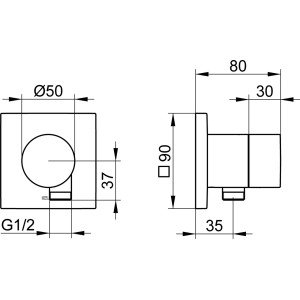 Technische Zeichnung Keuco IXMO Pure 2-Wege Umstellventil 59556, eckig, mit Maßangaben.