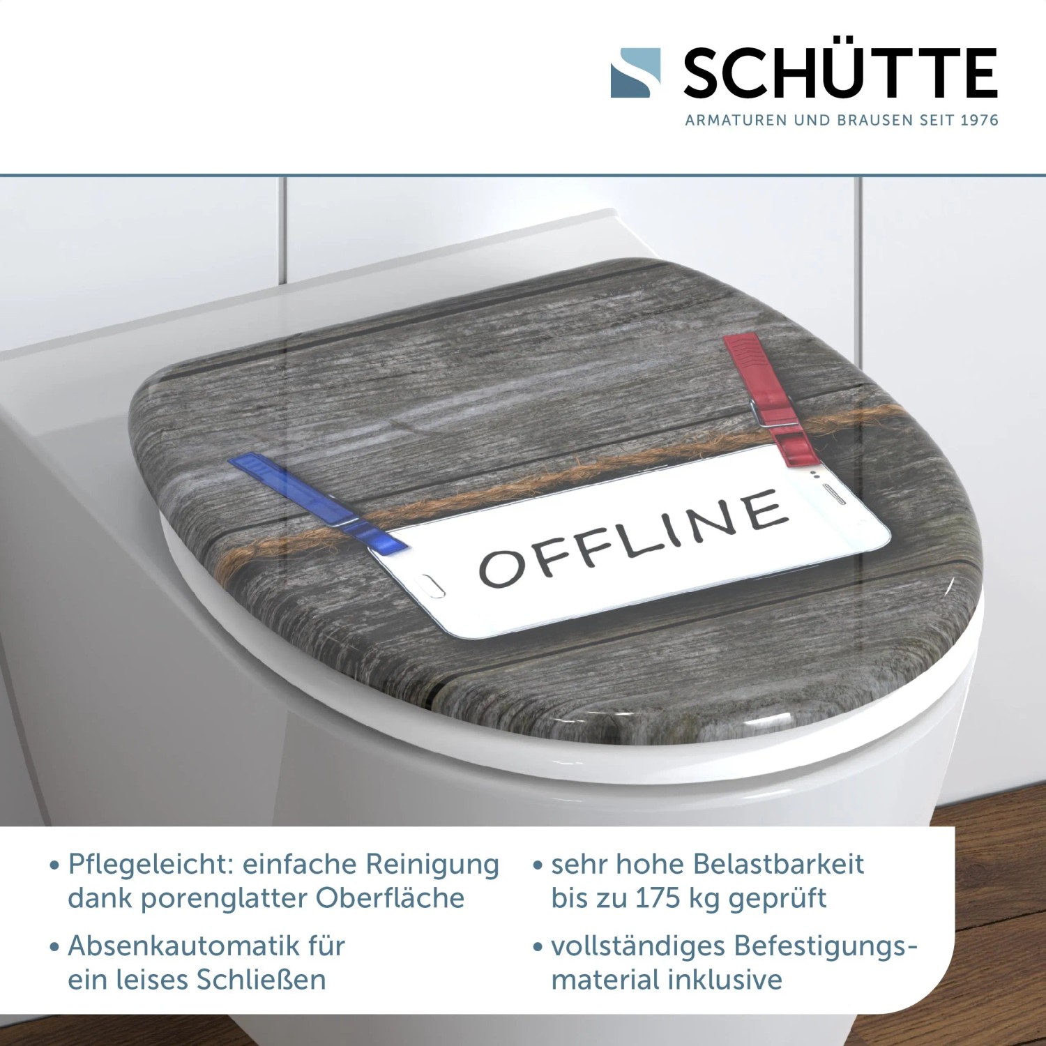 Schütte WC-Sitz mit Absenkautomatik, Duroplast, Holz-Optik mit "Offline" Schriftzug.