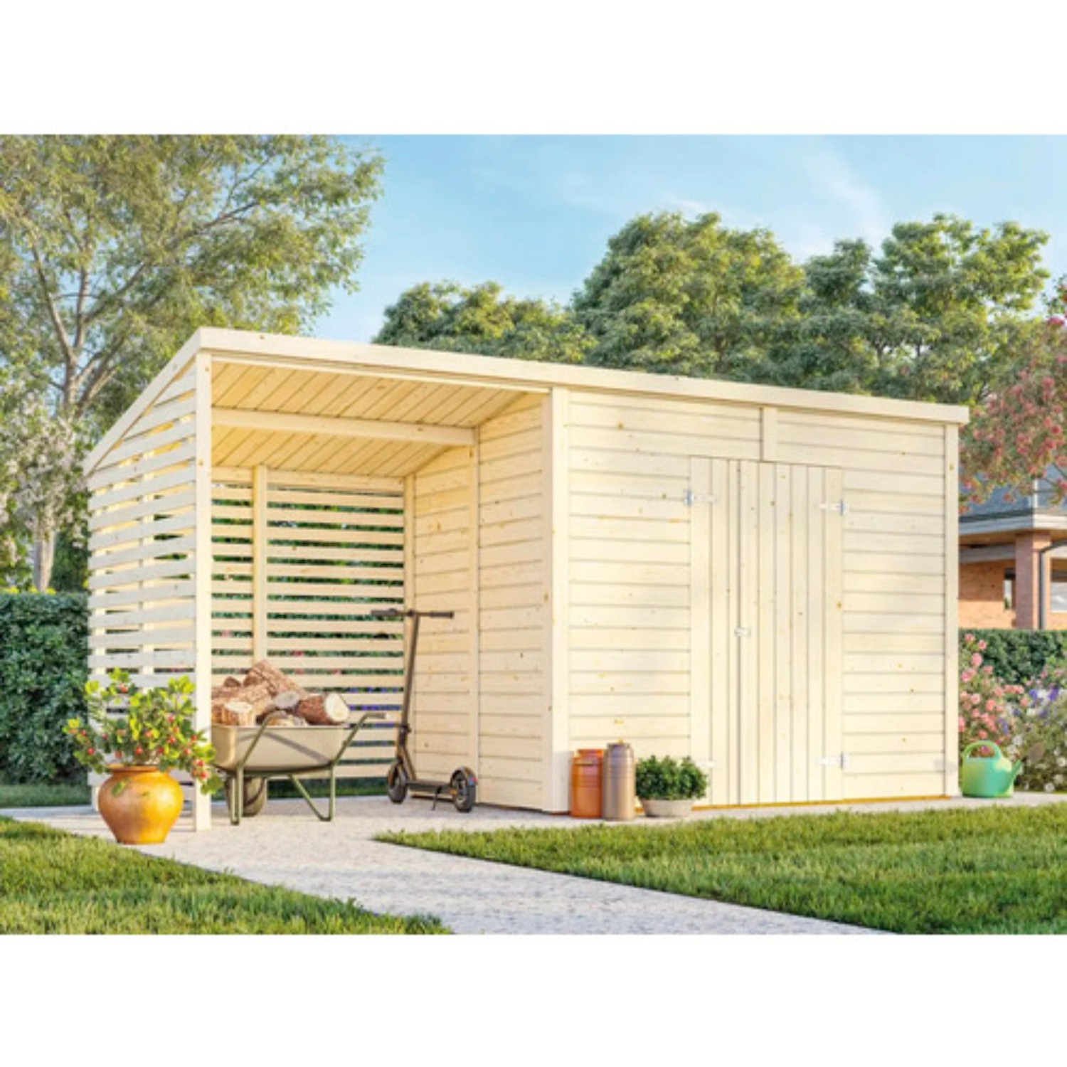 Palmako Gerätehaus Leif 460 x 170 cm Lackiert Hellgrau FSC® günstig online kaufen