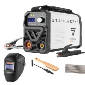 STAHLWERK ARC 200 MD Schweißgerät mit Zubehör: Schweißhelm, Elektroden, Bürste, Massekabel und Tasche.