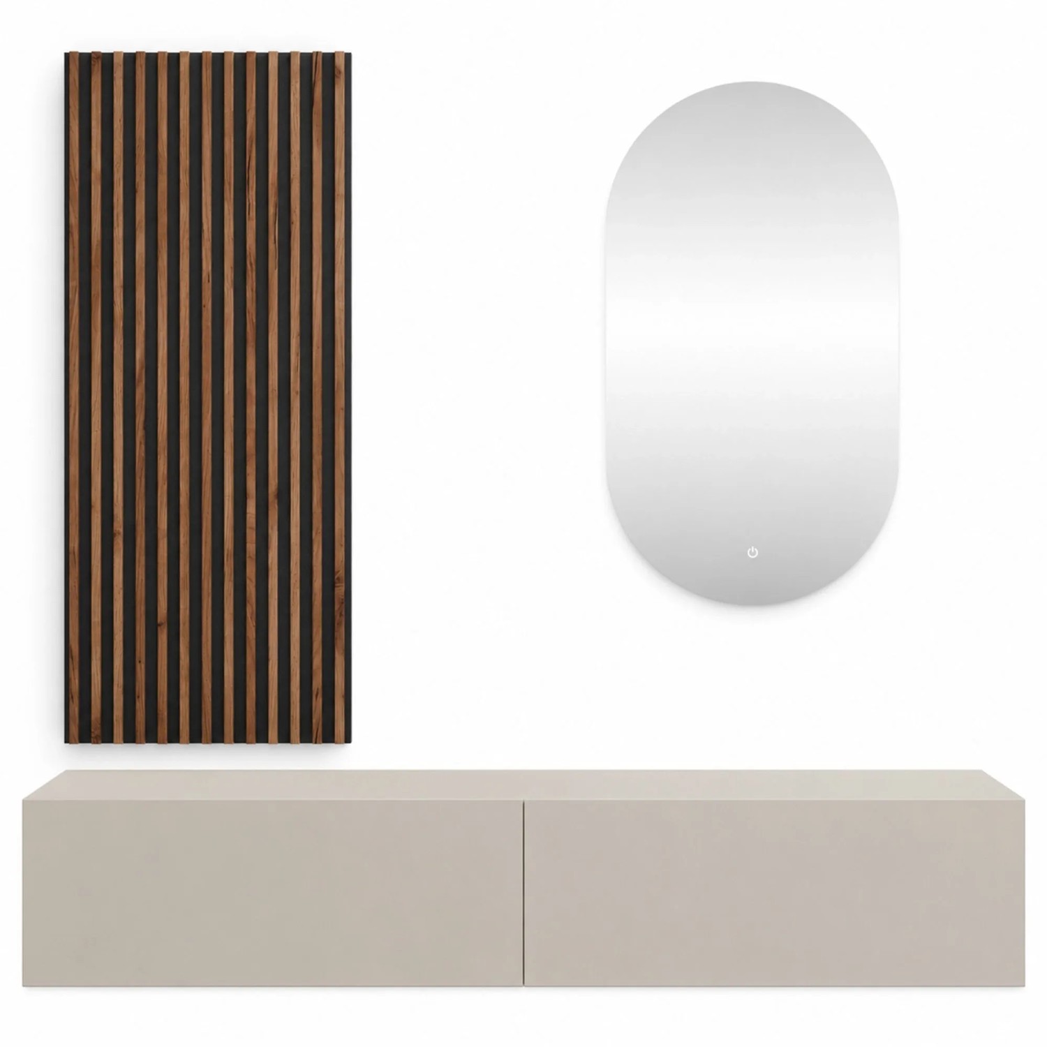 Planetmöbel Flurgarderobe Set 160 cm Kaschmir mit Wandpaneel und LED Spiegel Dimmbar