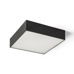 Schwarze, quadratische Rendl LED-Deckenleuchte Larisa SQ 22 dimmbar aus Metall mit weißem Diffusor.
