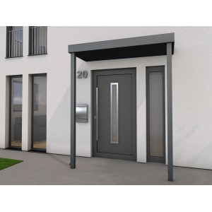 Modernes Gutta Rechteckvordach BS PLUS in Anthrazit, 160x90 cm mit 2 Pfosten und Ablauf links.