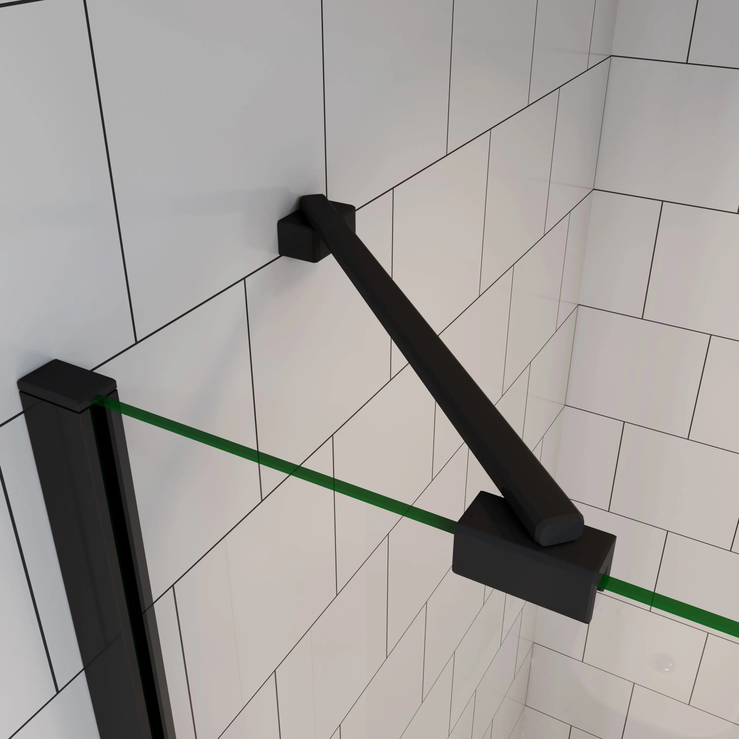 Schwarzer Rahmen und Stabilisator der Duschkabine mit Klarglas an weiß gefliester Wand. OBI Duschabtrennung.