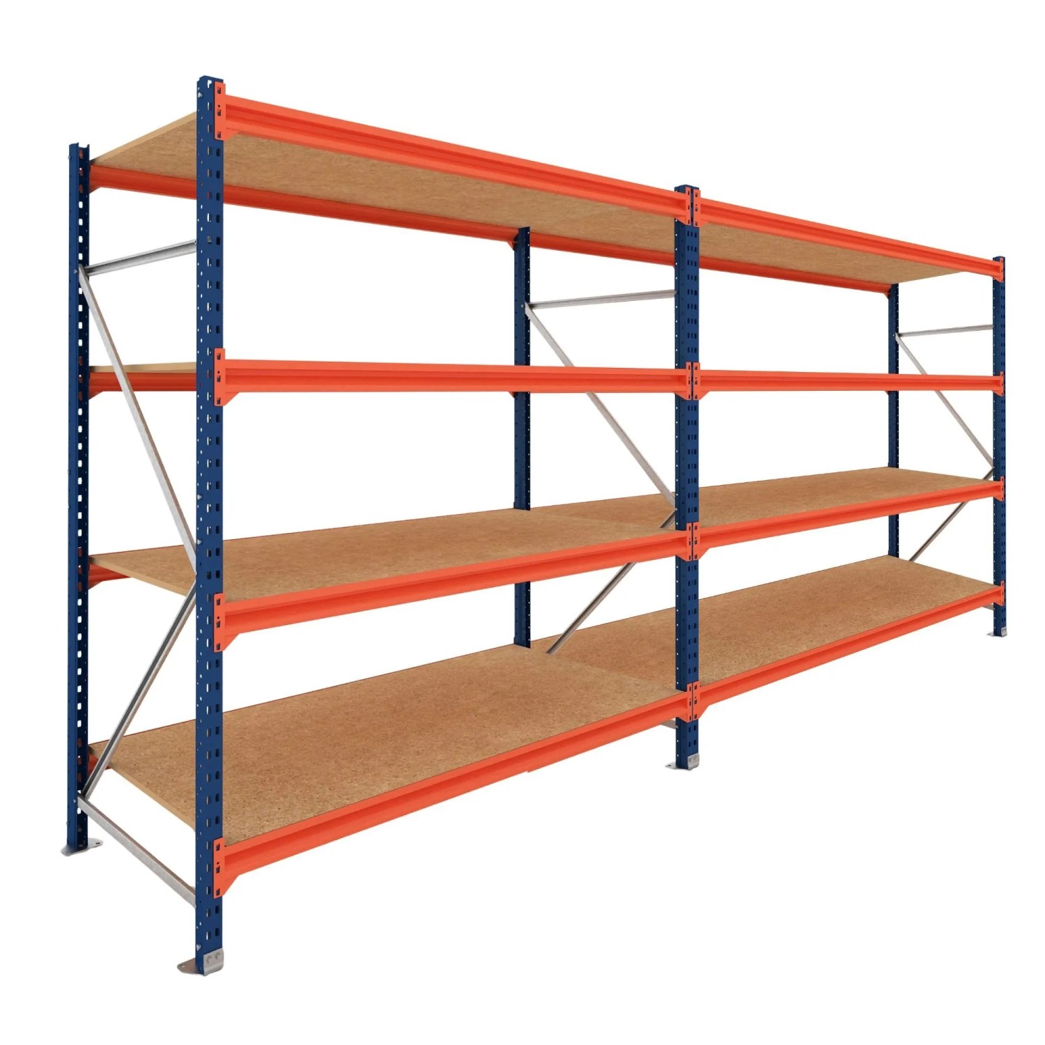 PROREGAL Weitspannregal Schwerlastregal DOMINUS Komplettregal 2 Felder 250x390x40cm 4 Ebenen Spanplatten-Fachboden Fachlast 350 kg Blau/Orange