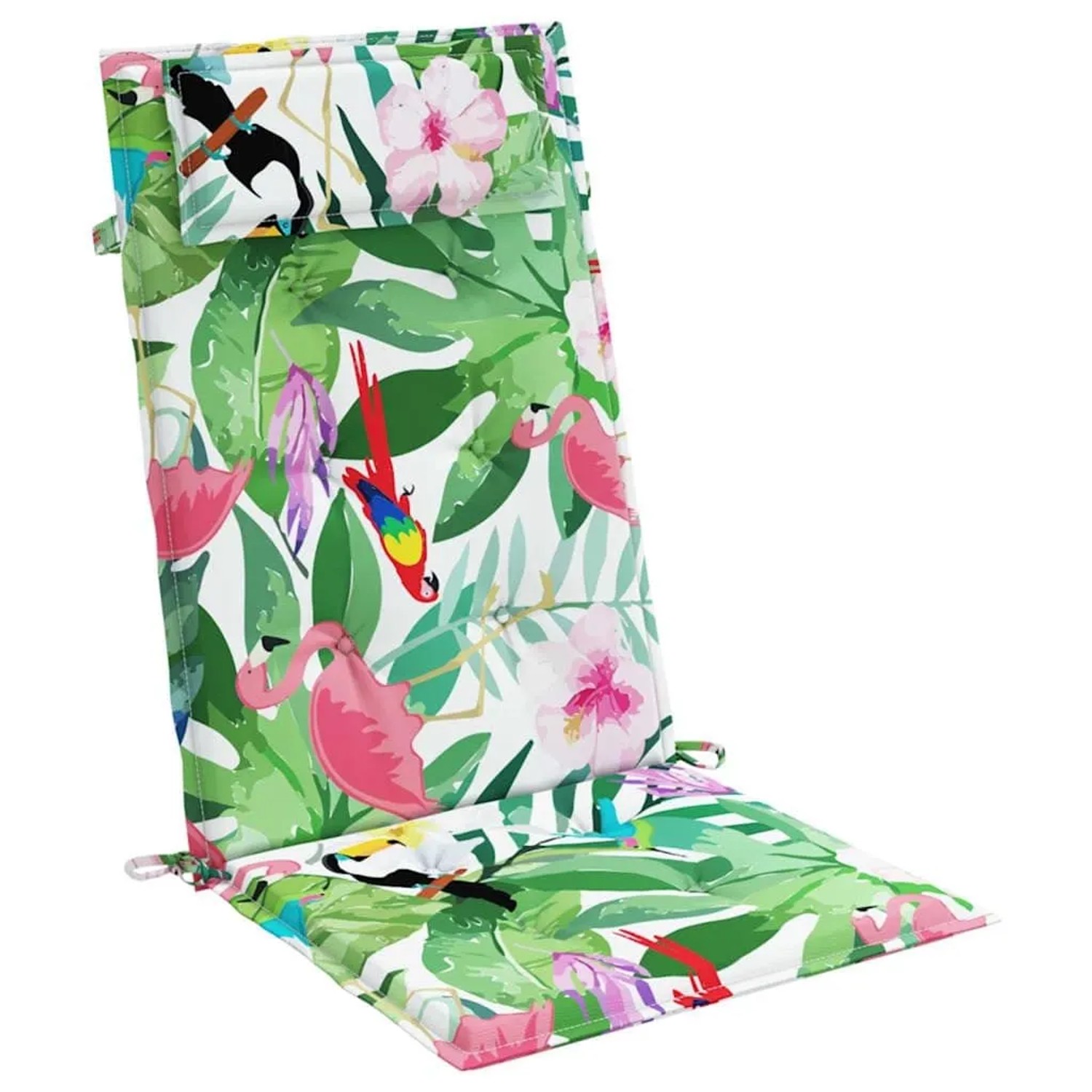 Mehrfarbige Hochlehner-Auflage aus Oxford-Gewebe mit tropischem Muster: Flamingos, Papageien, Blätter und Blumen.