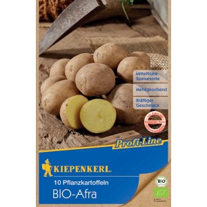 Kiepenkerl Bio-Pflanzkartoffeln "Afra", 10 Stück, mehlig kochend, auf Holz präsentiert.