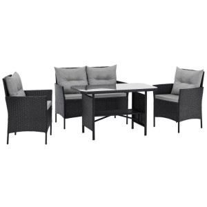 Schwarze Rattan-Lounge Sitzgruppe: 2 Sessel, Sofa, Esstisch mit Glasplatte. Modernes 4-teiliges Outdoor Gartenmöbel-Set.