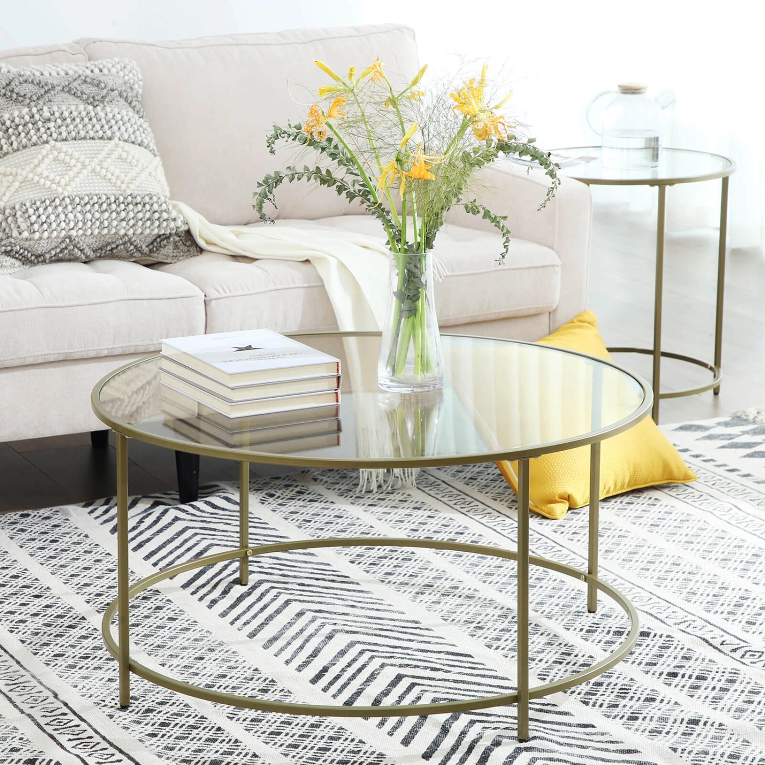 vasagle couchtisch glas Ø 84 cm x 45,5 cm gold