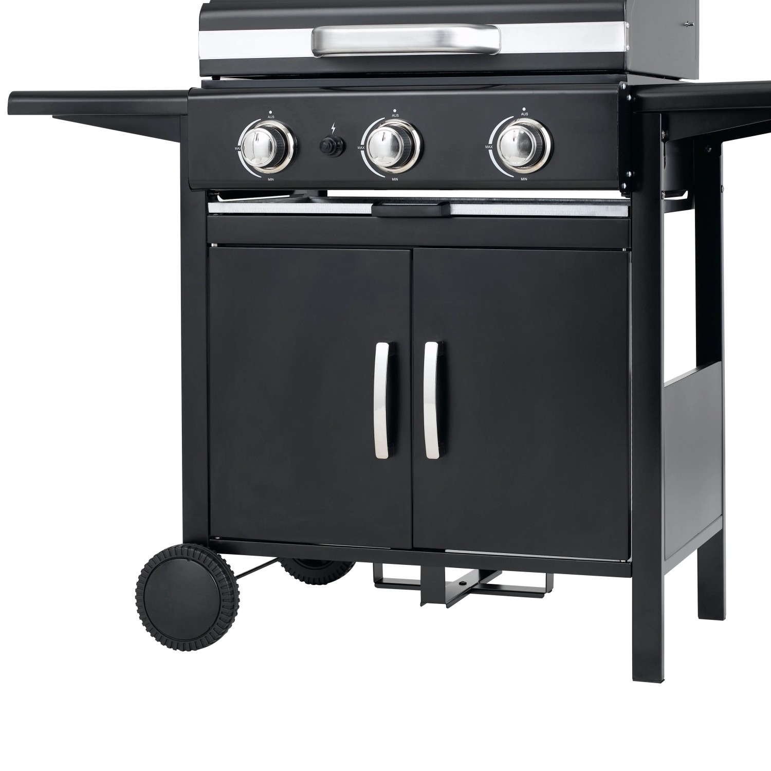 Schwarzer tepro Gasgrill Mayfield mit 3 Brennern, Seitentischen und Unterschrank.