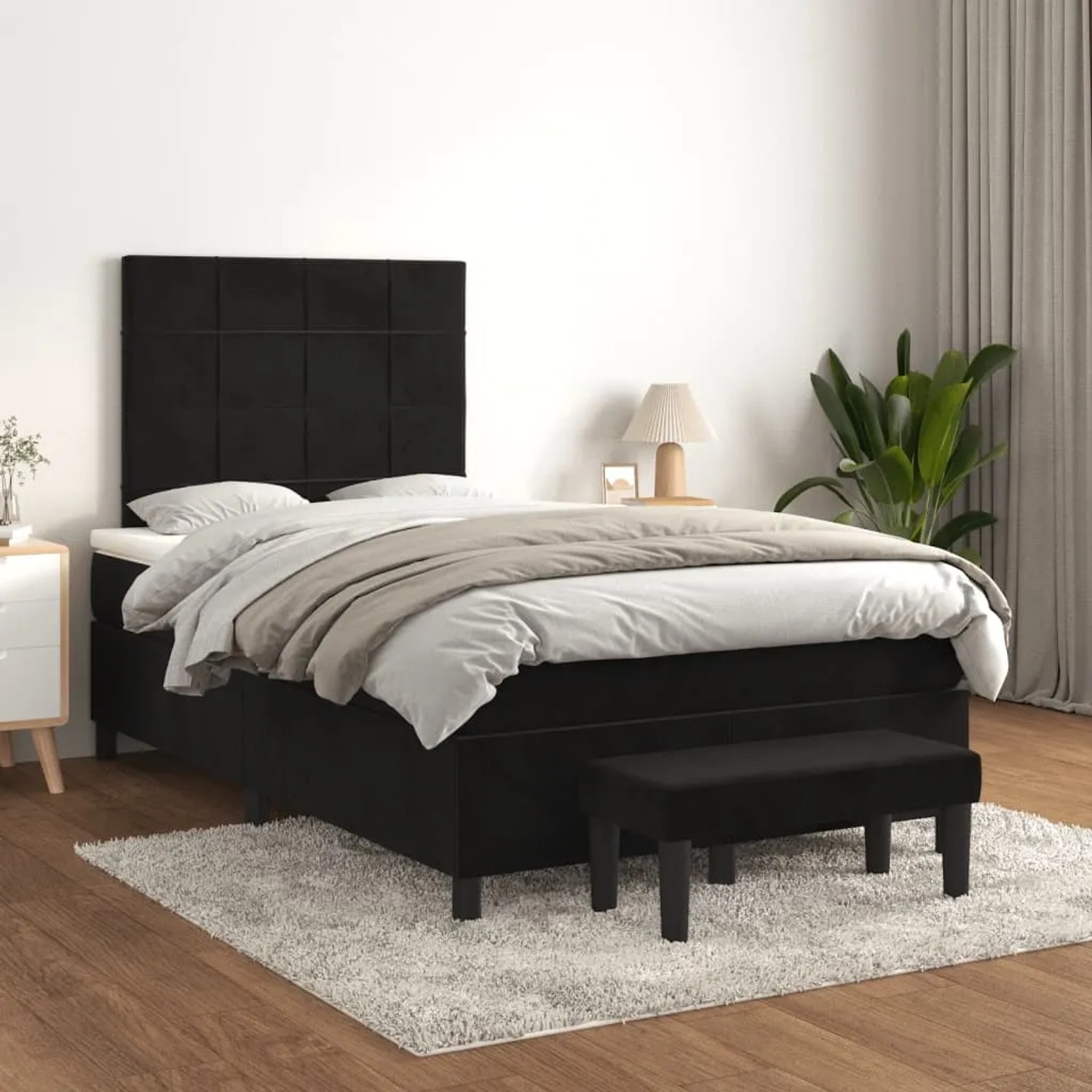 Schwarzes vidaXL Boxspringbett (120x190 cm) mit Matratze und Bank aus Samt.