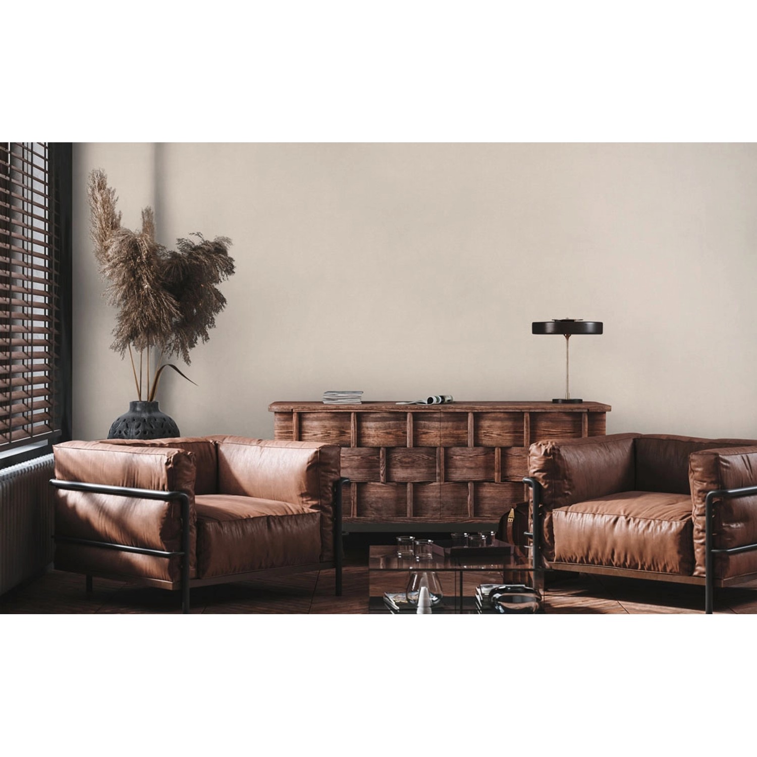 Wohnraum mit AS-Creation Vliestapete Uni Struktur in Greige/Hellgrau.